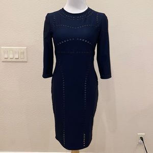 Yasmin Kianfar Dress Navy Blue Laser Cut 3/4 Sleeve Open Back size 8